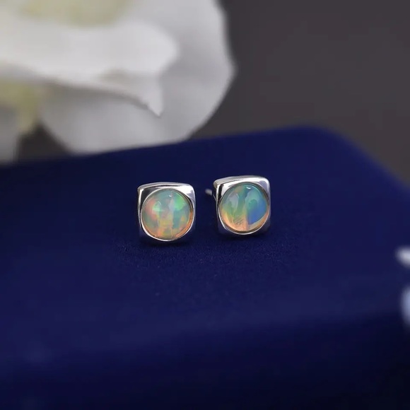 Natural Ethiopia Real Opal Ear Studs - Rainbows Opal Sterling Silver Earrings - Picture 3 of 12